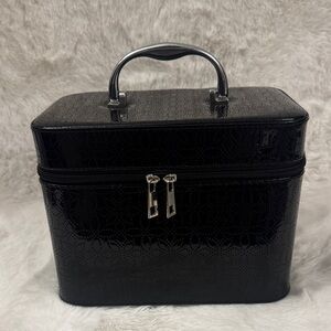 Black Patent Train Case Makeup Bag with Silver Hardware